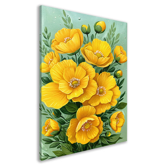 Levendige gele bloemen tegen groene achtergrond canvas