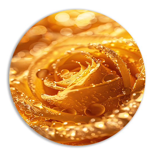 Gouden Roos Versierd met Fonkelende Waterdruppels aluminium muurcirkel