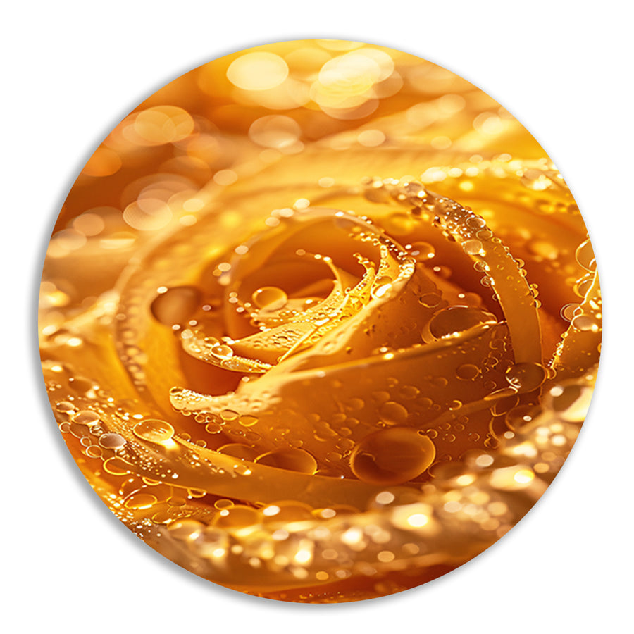 Gouden Roos Versierd met Fonkelende Waterdruppels aluminium muurcirkel