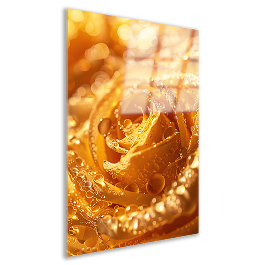 Gouden Roos Versierd met Fonkelende Waterdruppels acrylglas
