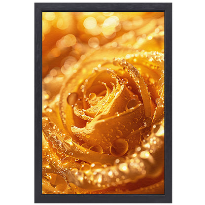 Gouden Roos Versierd met Fonkelende Waterdruppels canvas met baklijst