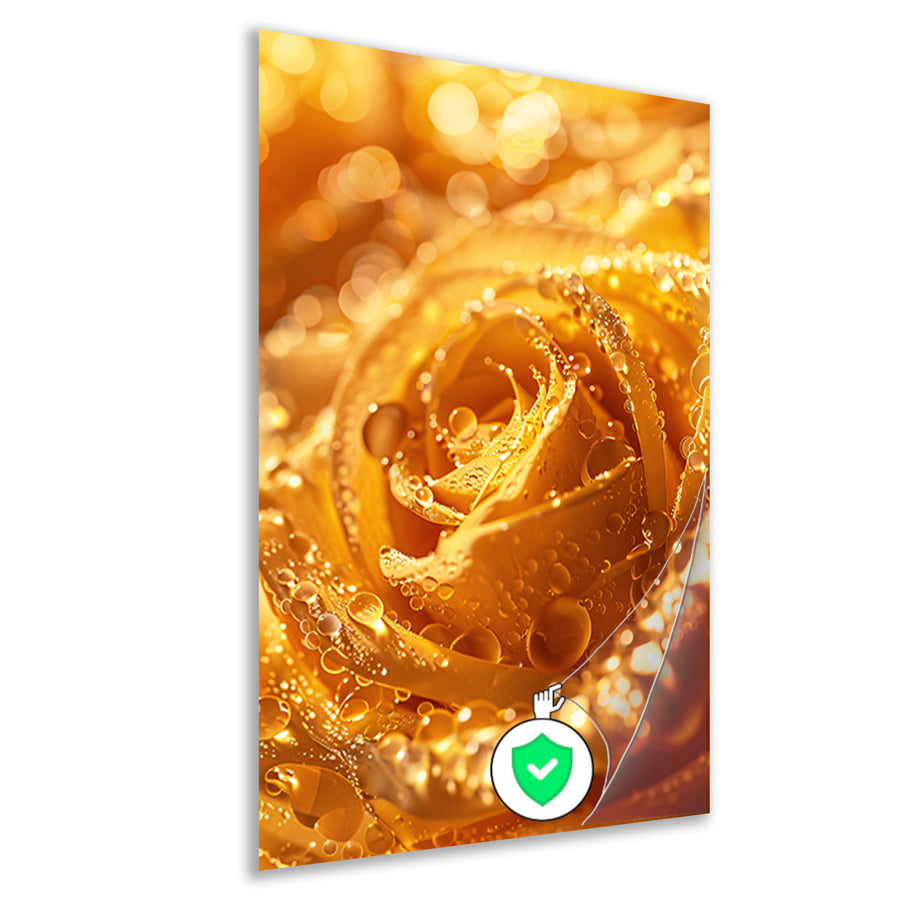 Gouden Roos Versierd met Fonkelende Waterdruppels poster