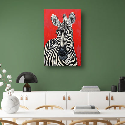 Zebra tegen een levendige rode achtergrond poster