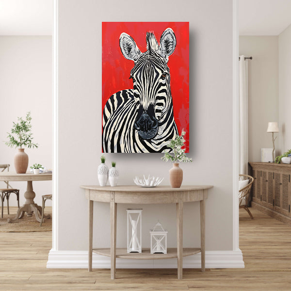 Zebra tegen een levendige rode achtergrond poster