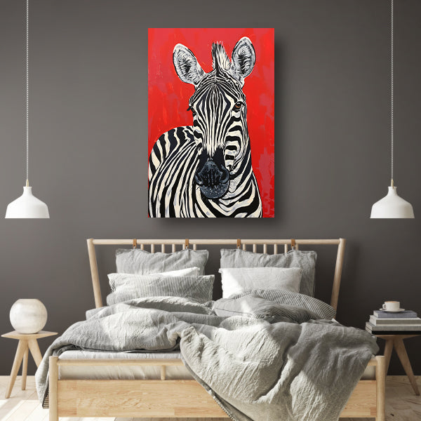 Zebra tegen een levendige rode achtergrond poster