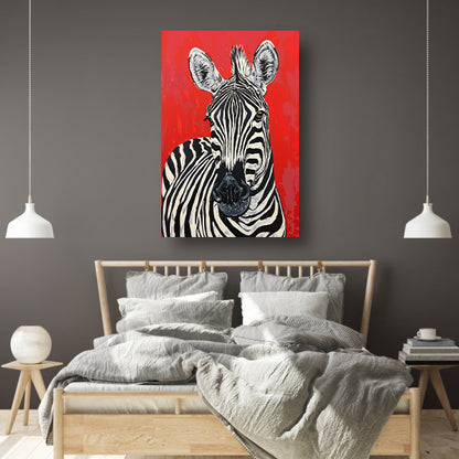 Zebra tegen een levendige rode achtergrond poster