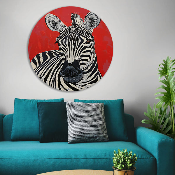 Zebra tegen een levendige rode achtergrond forex muurcirkel