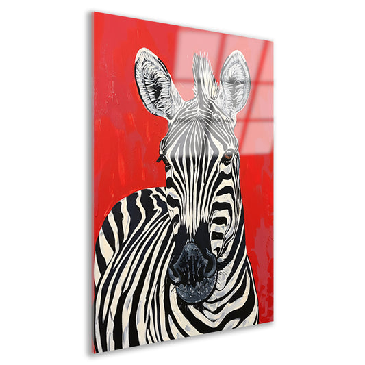 Zebra tegen een levendige rode achtergrond acrylglas