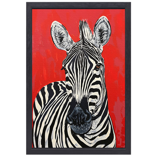 Zebra tegen een levendige rode achtergrond canvas met baklijst
