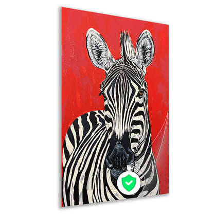 Zebra tegen een levendige rode achtergrond poster