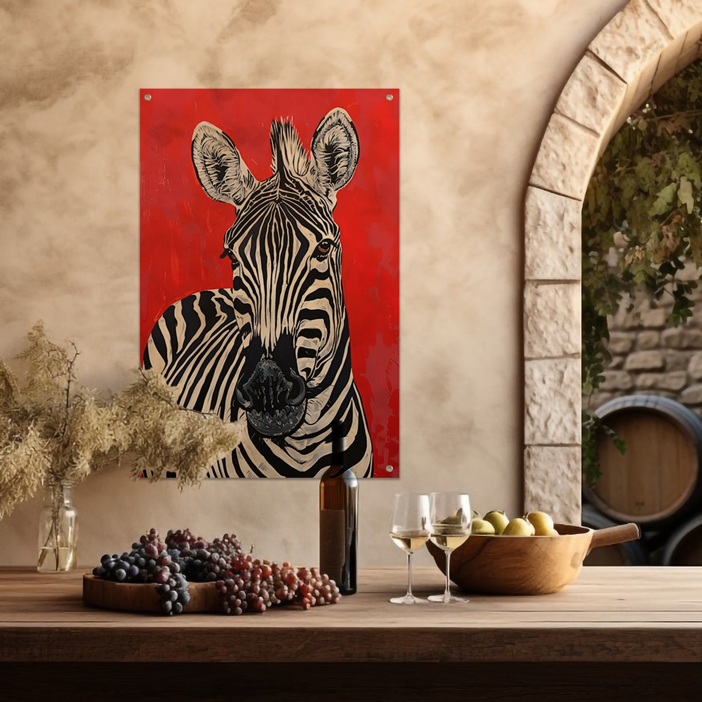 Zebra tegen een levendige rode achtergrond tuinposter
