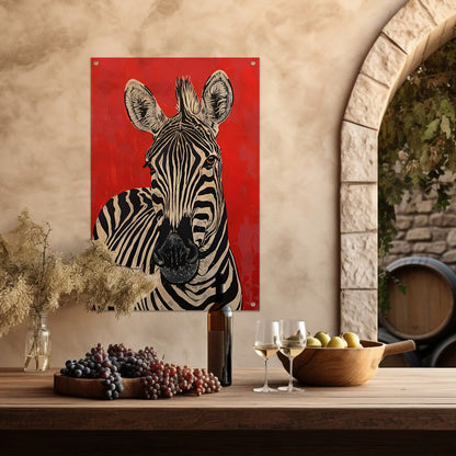 Zebra tegen een levendige rode achtergrond tuinposter