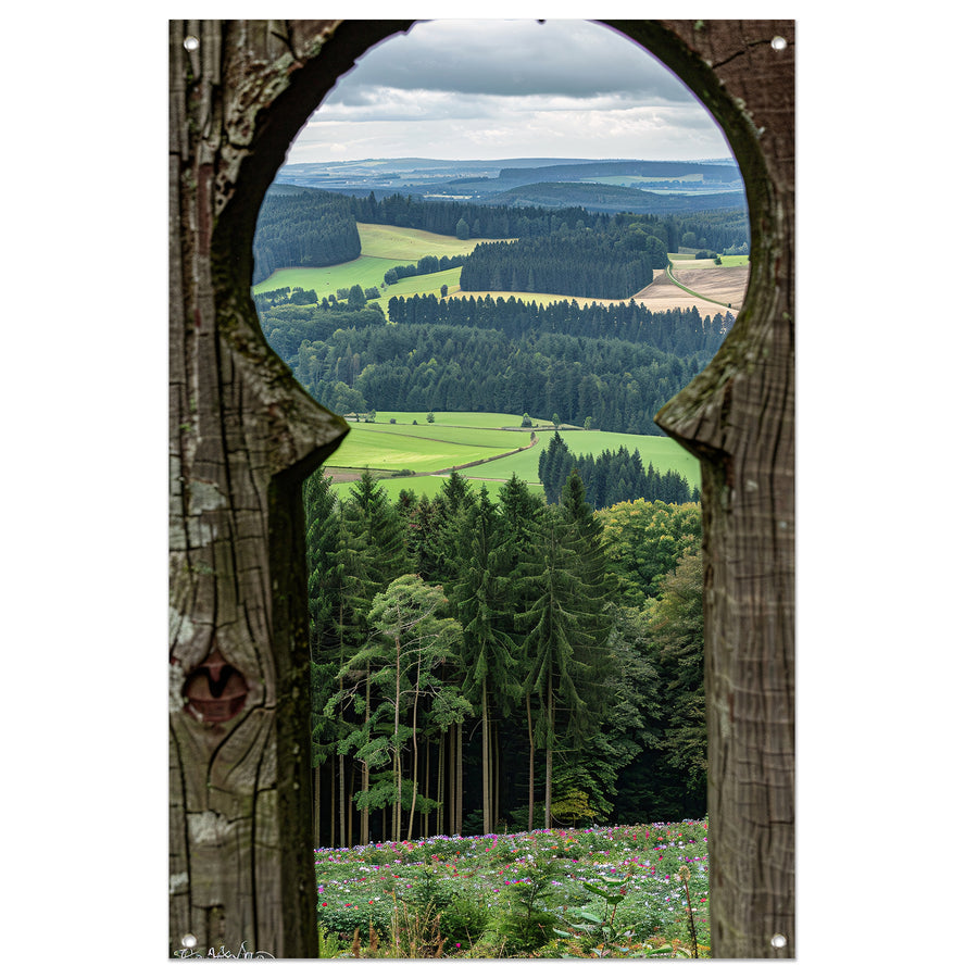 Sleutelgat naar een weelderig landschap tuinposter