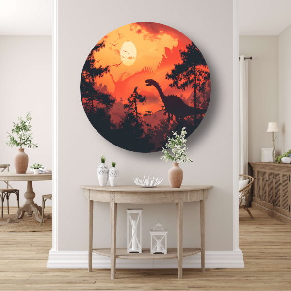 Dinozonsondergang aluminium muurcirkel
