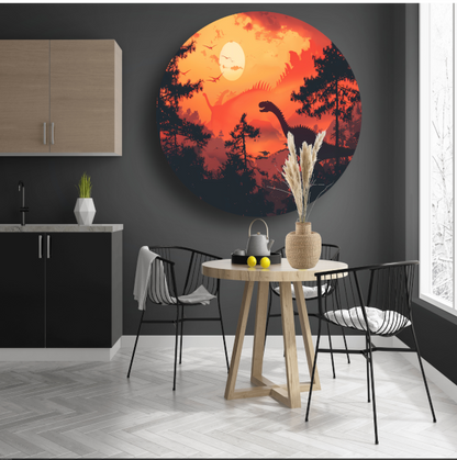 Dinozonsondergang aluminium muurcirkel