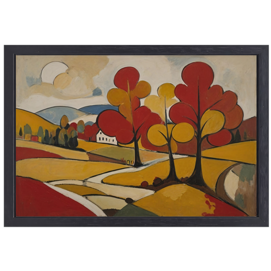 Herfsttafereel met Rode en Gouden Bladeren canvas met baklijst