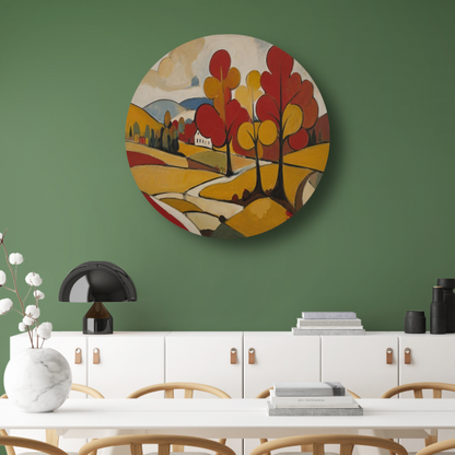 Herfsttafereel met Rode en Gouden Bladeren aluminium muurcirkel