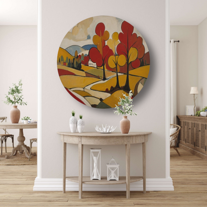 Herfsttafereel met Rode en Gouden Bladeren aluminium muurcirkel