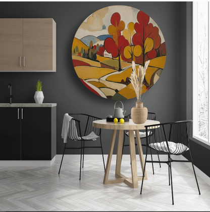 Herfsttafereel met Rode en Gouden Bladeren aluminium muurcirkel