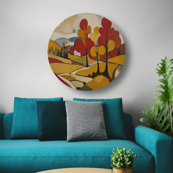 Herfsttafereel met Rode en Gouden Bladeren aluminium muurcirkel