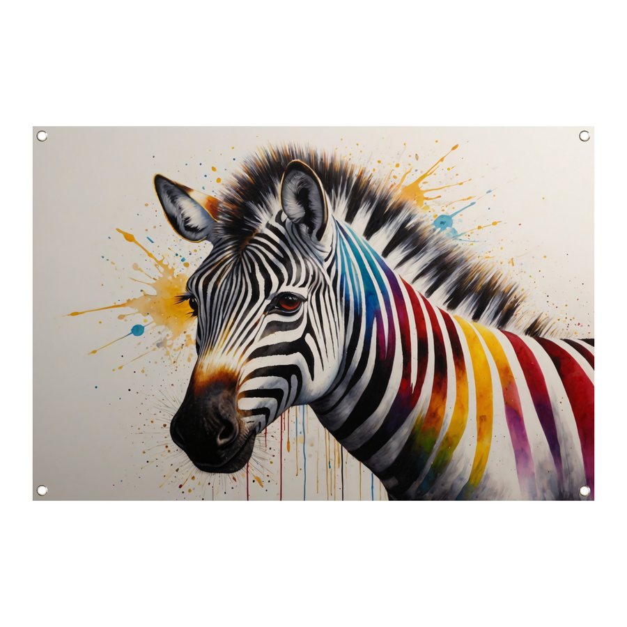 Kleurrijke Zebra Explosie in Moderne Kunst tuinposter