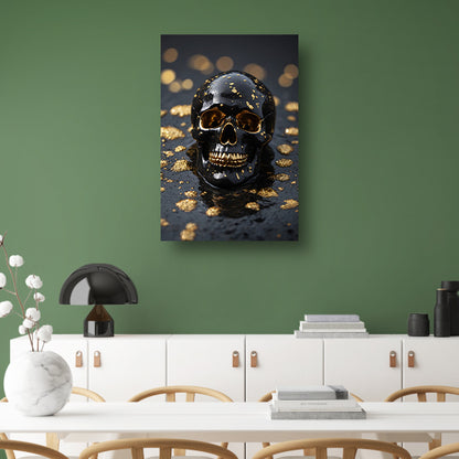Zwart Gouden Schedel Op Natuursteen poster