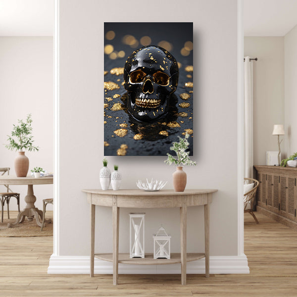Zwart Gouden Schedel Op Natuursteen poster