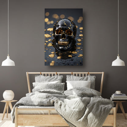 Zwart Gouden Schedel Op Natuursteen poster