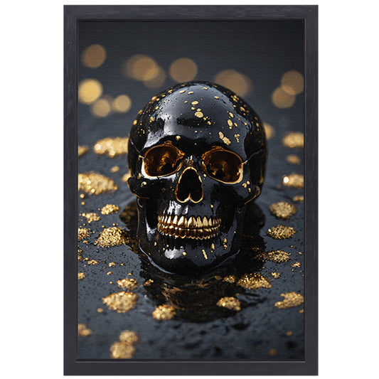 Zwart Gouden Schedel Op Natuursteen canvas met baklijst