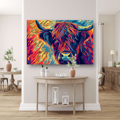 Kleurrijk schilderij van Schotse hooglander canvas met baklijst