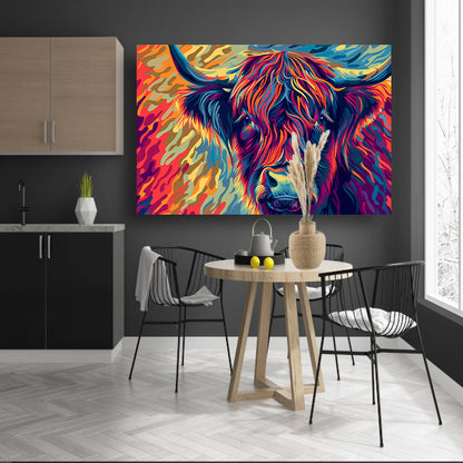 Kleurrijk schilderij van Schotse hooglander canvas met baklijst