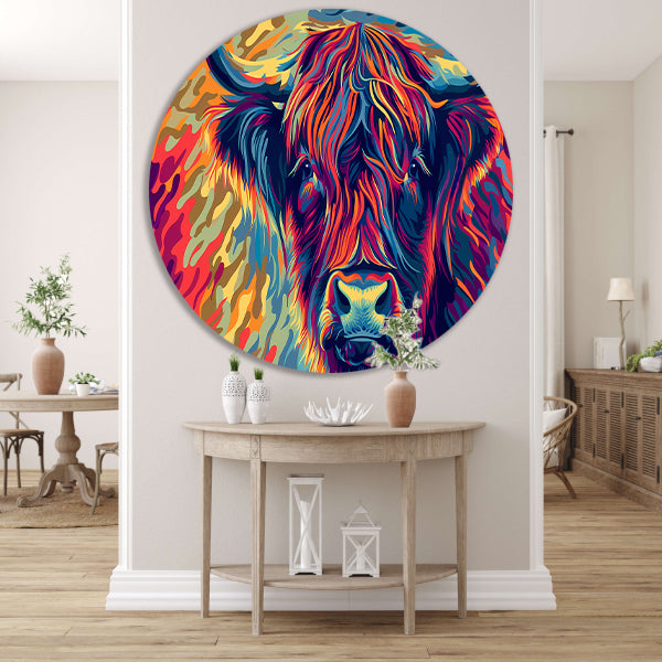 Kleurrijk schilderij van Schotse hooglander aluminium muurcirkel
