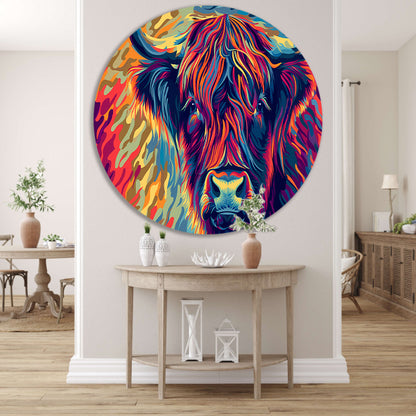 Kleurrijk schilderij van Schotse hooglander aluminium muurcirkel