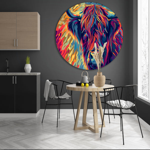 Kleurrijk schilderij van Schotse hooglander aluminium muurcirkel