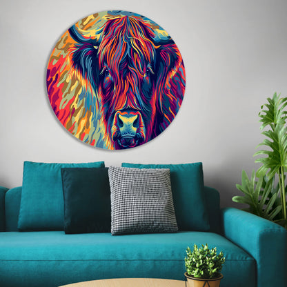 Kleurrijk schilderij van Schotse hooglander aluminium muurcirkel