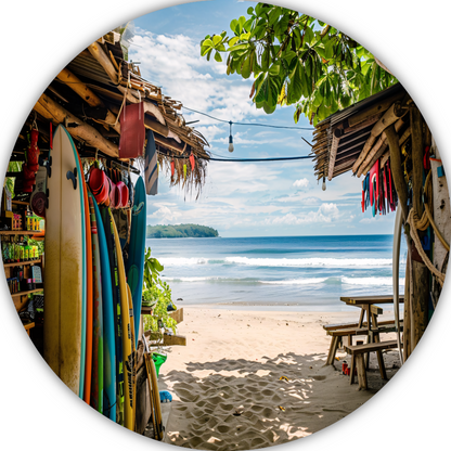 Tropisch Strand met Surfshop en Golven forex muurcirkel
