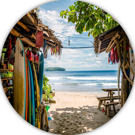 Tropisch Strand met Surfshop en Golven forex muurcirkel