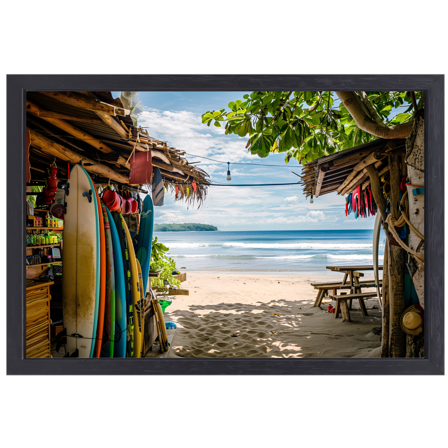 Tropisch Strand met Surfshop en Golven canvas met baklijst