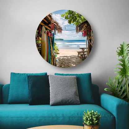 Tropisch Strand met Surfshop en Golven forex muurcirkel