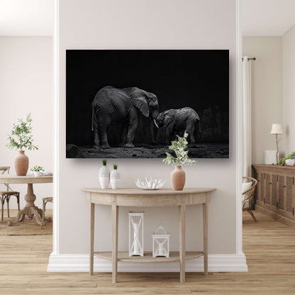 Zwart-wit olifanten moeder en kalf kunst canvas