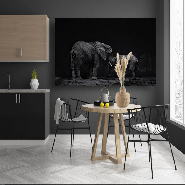 Zwart-wit olifanten moeder en kalf kunst canvas