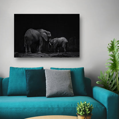 Zwart-wit olifanten moeder en kalf kunst canvas