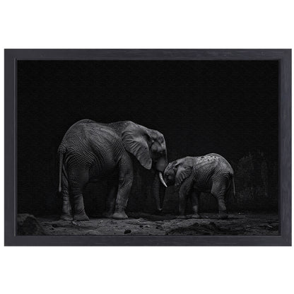 Zwart-wit olifanten moeder en kalf kunst canvas met baklijst