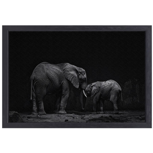 Zwart-wit olifanten moeder en kalf kunst canvas met baklijst