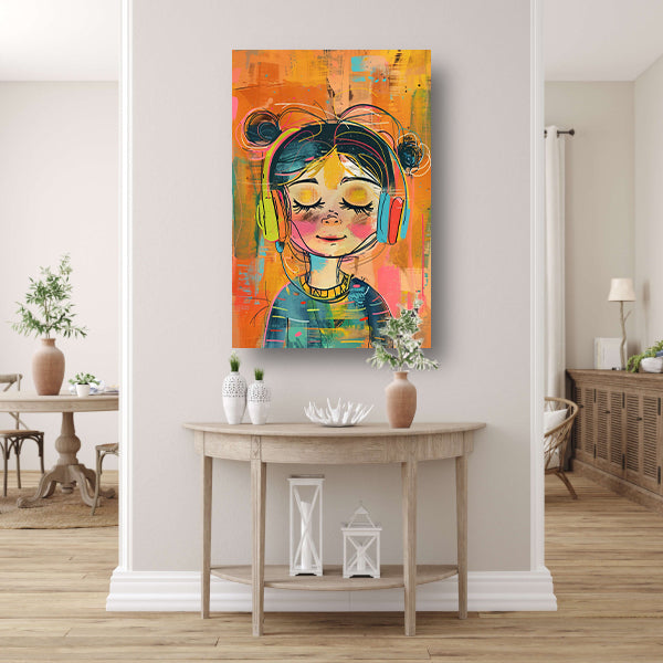 Vrolijk Meisje Luistert naar Muziek poster