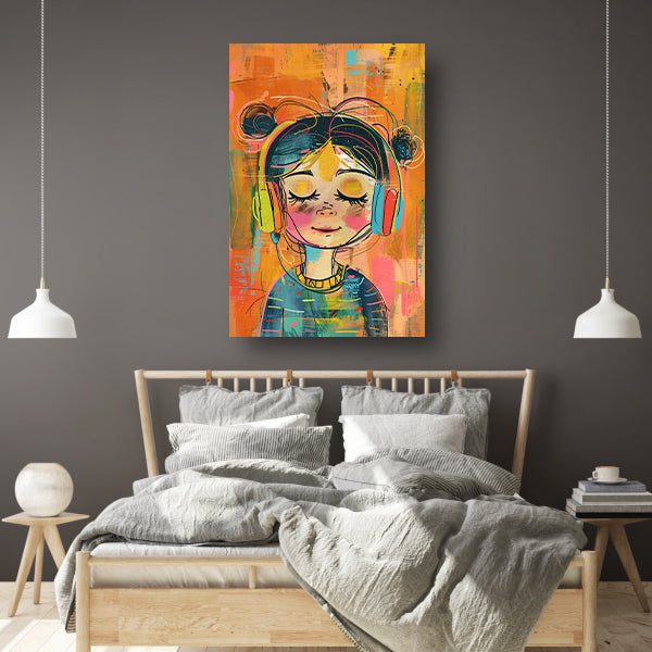 Vrolijk Meisje Luistert naar Muziek poster