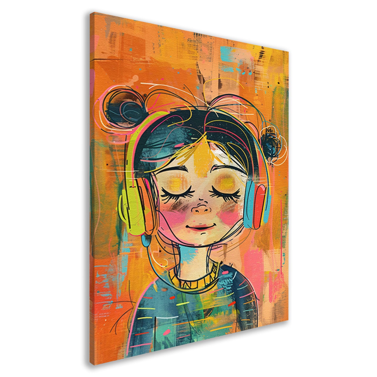 Vrolijk Meisje Luistert naar Muziek canvas