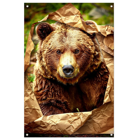 Bruine beer doorbreekt papier tuinposter