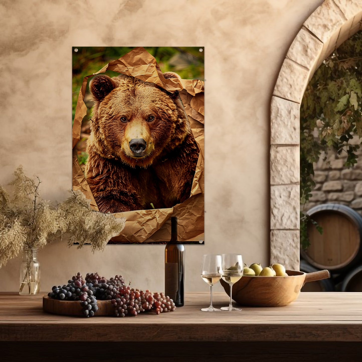 Bruine beer doorbreekt papier tuinposter