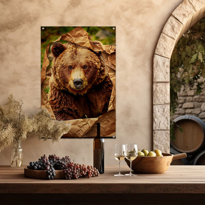 Bruine beer doorbreekt papier tuinposter